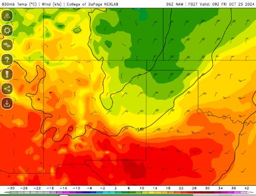 A weather map showing 850mb temperature in °C, with a large red-orange area indicating extreme heat, overlaid with the text…