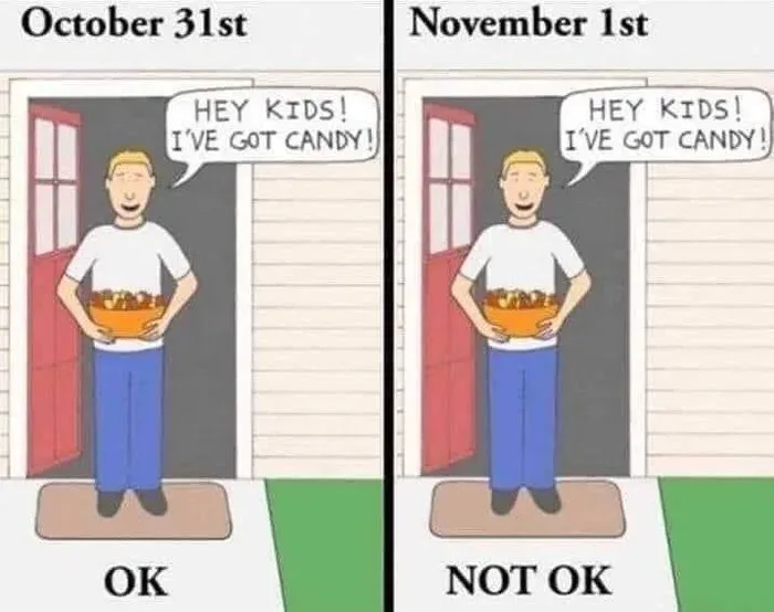 Two side-by-side panels show a cartoon man holding a bowl of candy at a front door. The left panel is labeled 'October 31st'…