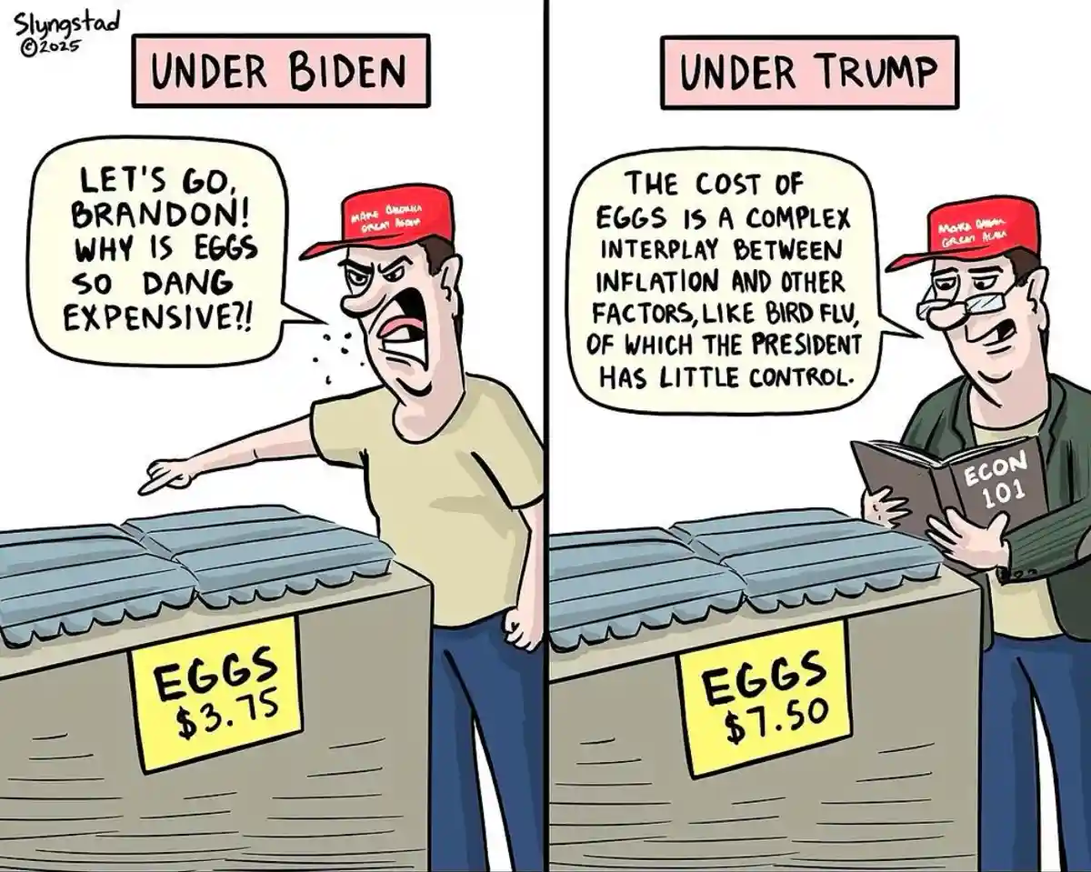 A two-panel comic shows a man in a 'Make America Great Again' hat reacting to egg prices. In the left panel, labeled 'UNDER…