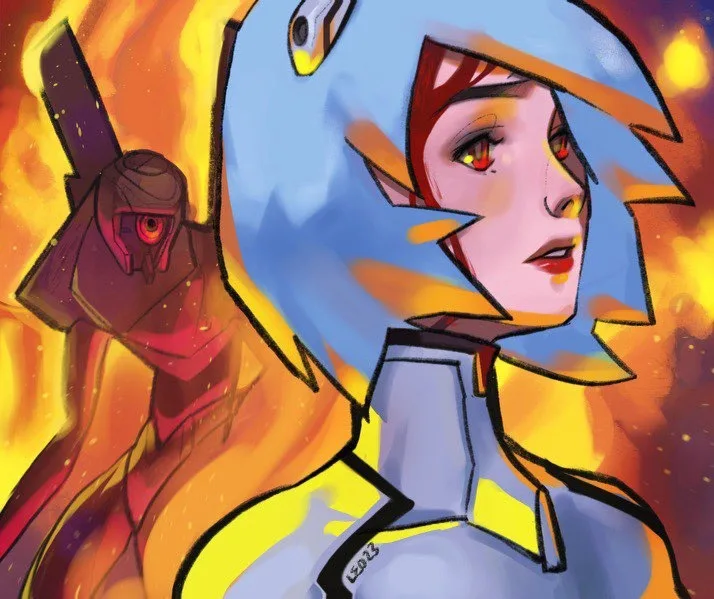 An anime-style illustration shows a female character with blue hair and red eyes, wearing a futuristic outfit, looking…