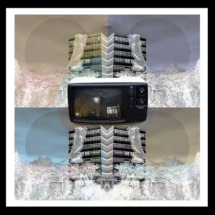 A surreal digital collage shows a vintage National brand television set centered in the image, with a building flanked by…
