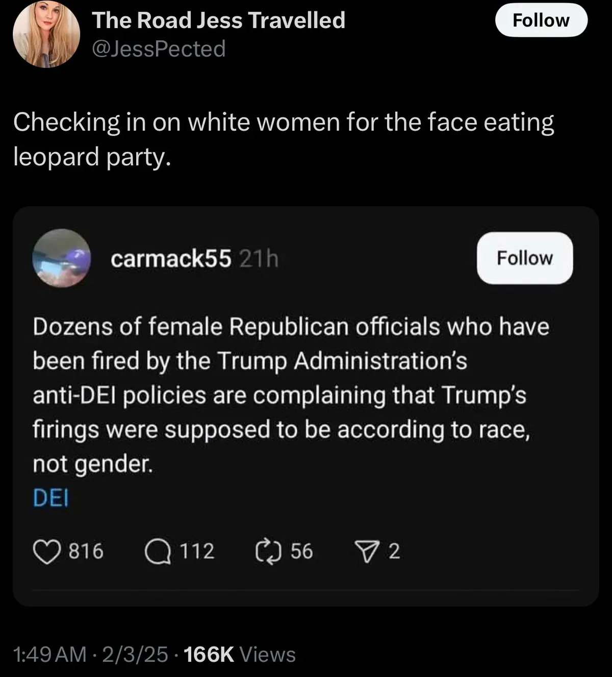 A screenshot of a Twitter post by user @JessPected, which replies to a tweet from 'carmack55' about female Republican…