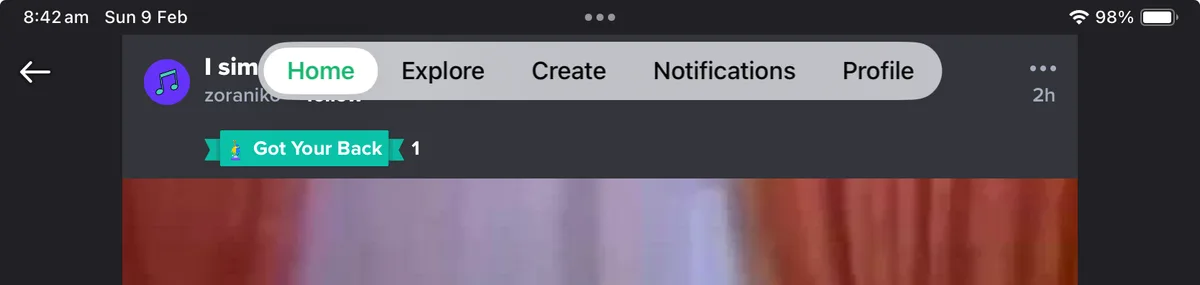 A screenshot of a music app interface showing a 'Got Your Back' notification badge next to a user profile named 'I sim…