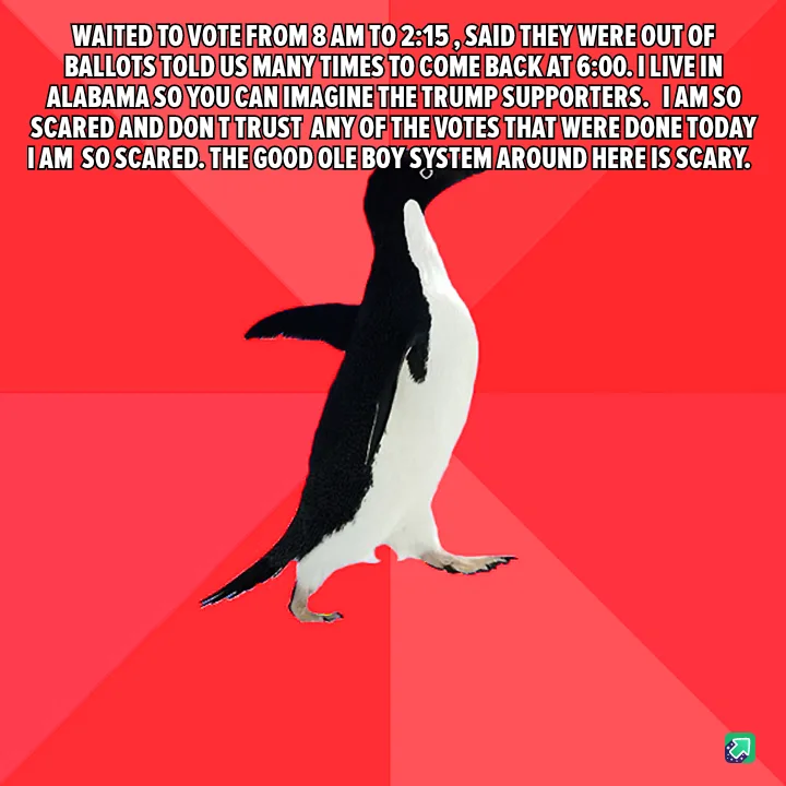 A black-and-white penguin stands upright against a red background with diagonal stripes. Overlaid white text describes a…