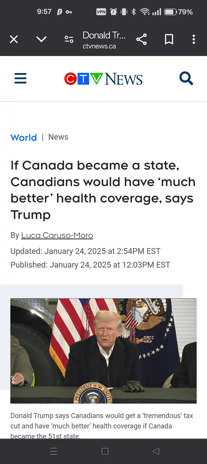 A screenshot of a CTV News article headline showing Donald Trump at a press conference with U.S. flags behind him, overlaid…