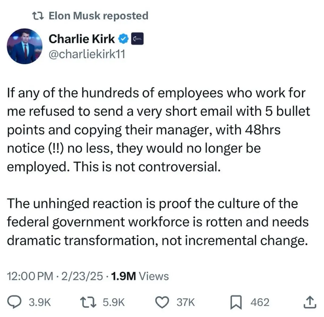 A screenshot of a tweet by Charlie Kirk, reposted by Elon Musk, stating that employees who refuse to send a brief email with…