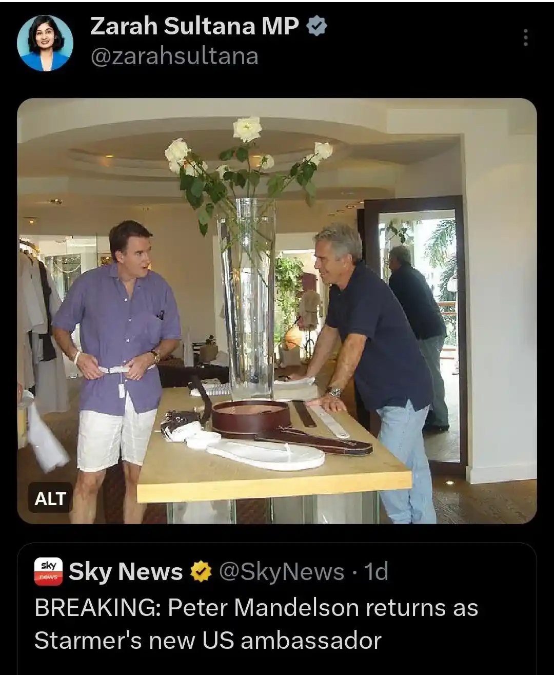 A screenshot of a tweet from Zarah Sultana MP shows a photo of two men in a shop, one adjusting his belt while the other…