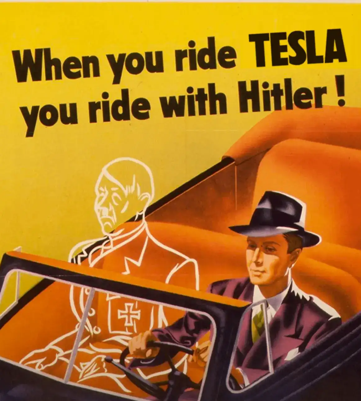 A vintage-style propaganda poster shows a man in a suit and hat driving a car, with a stylized outline of Adolf Hitler in…