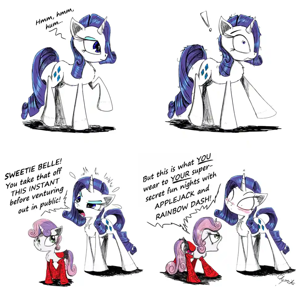 A four-panel comic strip featuring two My Little Pony characters. The first panel shows a white unicorn with blue hair and a…