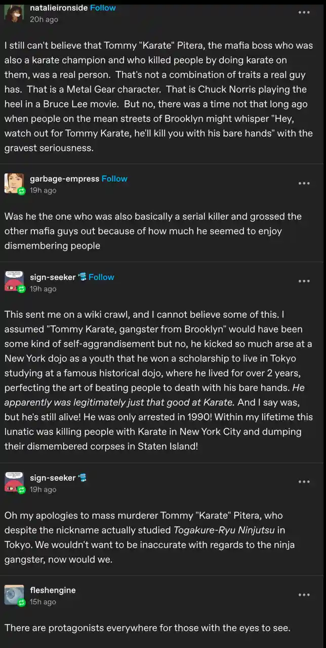 I still can't wrap my head around the fact that Tommy 'Karate' Pitera, the mafia boss who was also a karate champion and took people out with his skills, was a real person.