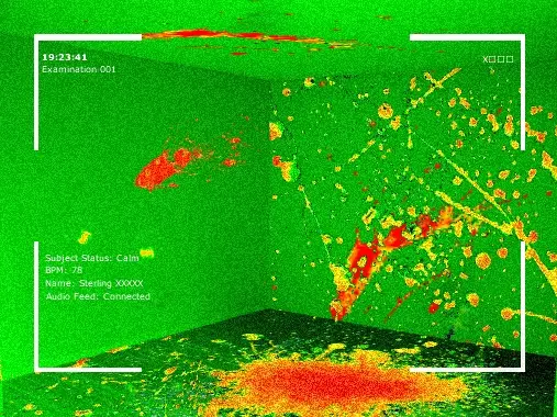 A thermal imaging view of a room corner showing a person lying on the floor, with heat signatures concentrated around them…