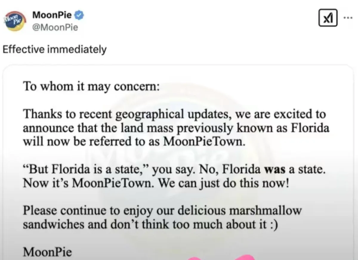A screenshot of a fictional official-looking announcement from the MoonPie brand, presented as a tweet, declaring that the…