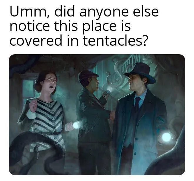 Three people in vintage detective attire stand in a dimly lit, eerie room with large, writhing tentacles visible in the…