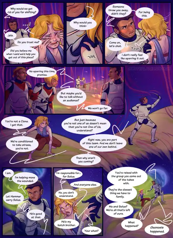 A comic strip from 'Hyperlane Nomads' depicts a tense emotional conversation between two characters in a sci-fi setting. One…