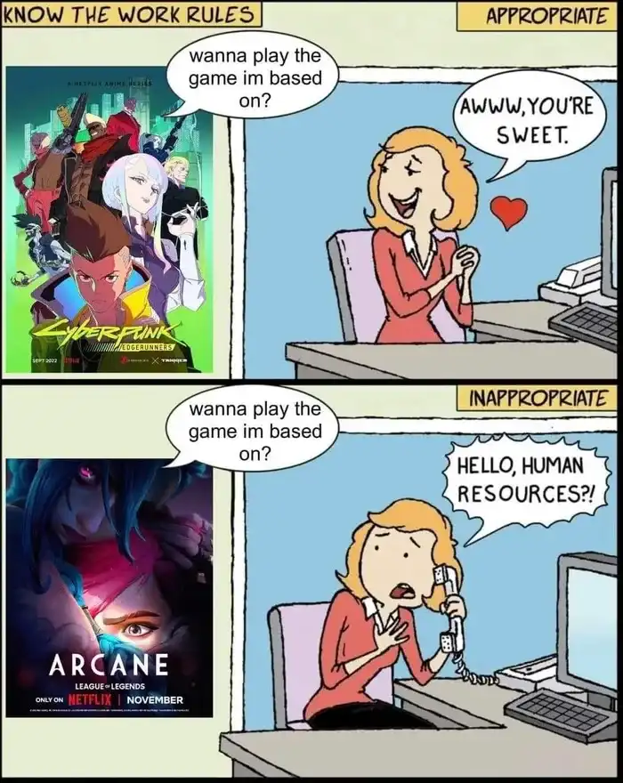 A two-panel comic strip titled 'KNOW THE WORK RULES'. The top panel shows a woman smiling at a poster for 'Cyberpunk…