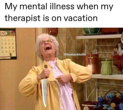 An elderly woman with white hair and glasses, wearing a yellow robe over a pink dress, is laughing hysterically while…
