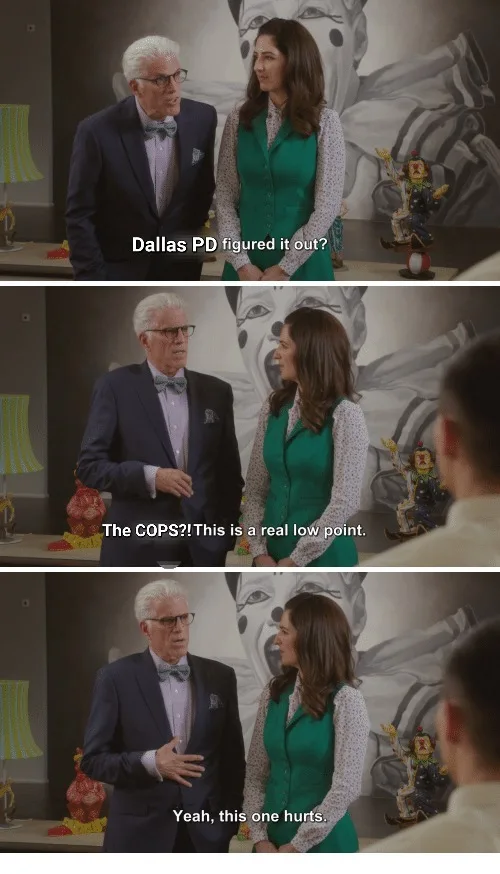 A three-panel meme from the TV show 'Dallas' featuring a man in a suit and a woman in a green vest reacting to news. In the…