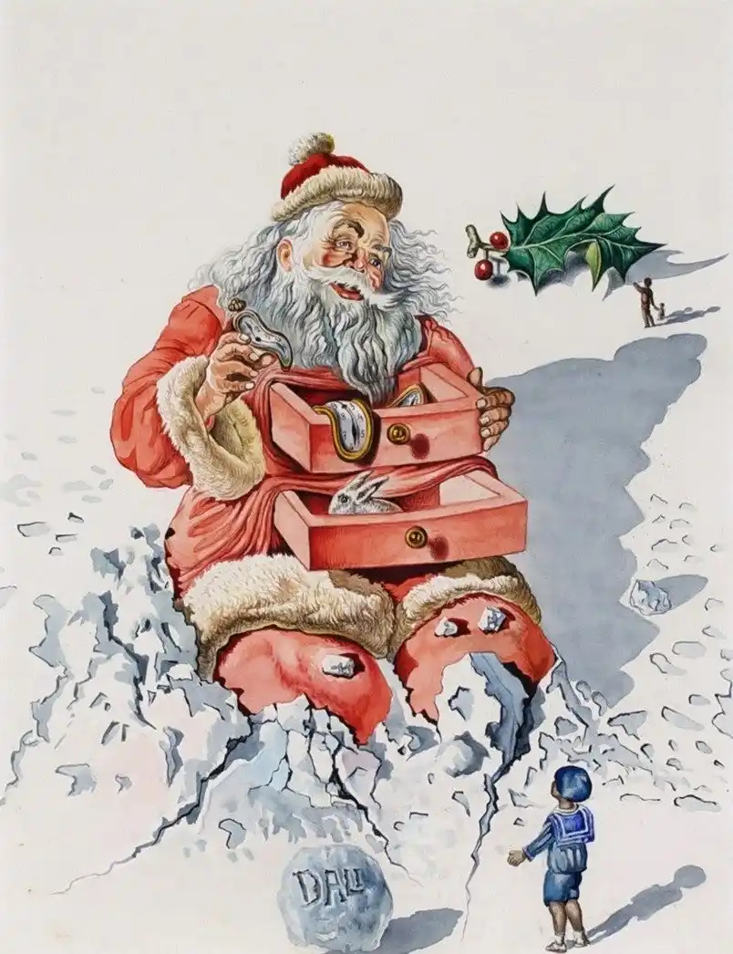 A vintage illustration shows a giant Santa Claus sitting atop a snowy cliff, holding a pocket watch and a red chest with…