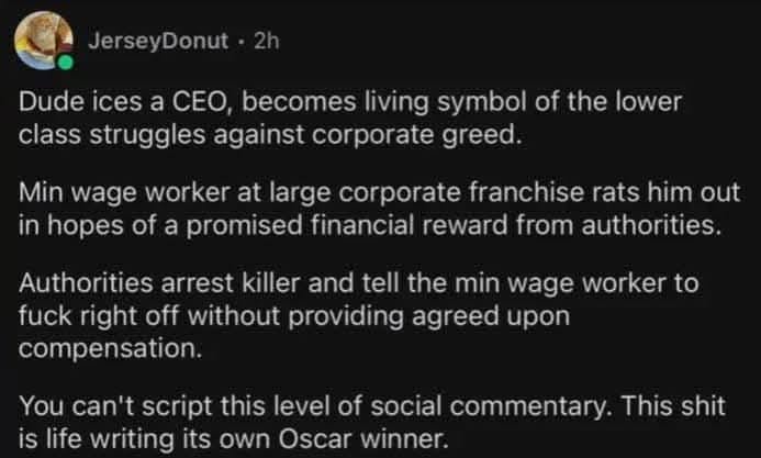 A screenshot of a Reddit post by user 'JerseyDonut' with white text on a black background. The text narrates a fictional but…