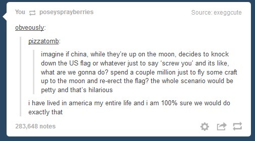 A screenshot of a Tumblr post showing a user named 'pizzatomb' imagining a scenario where China knocks down the US flag on…