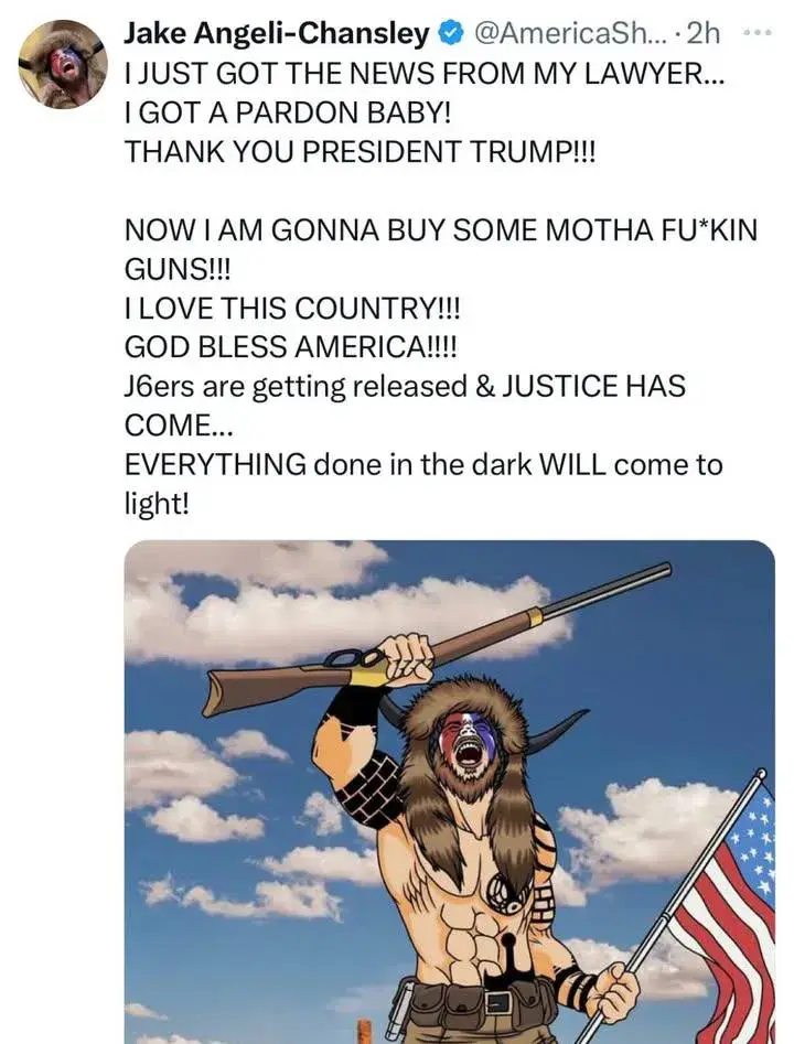 A cartoon image shows a muscular, horned, furry creature with a painted face, holding a rifle over one shoulder and an…