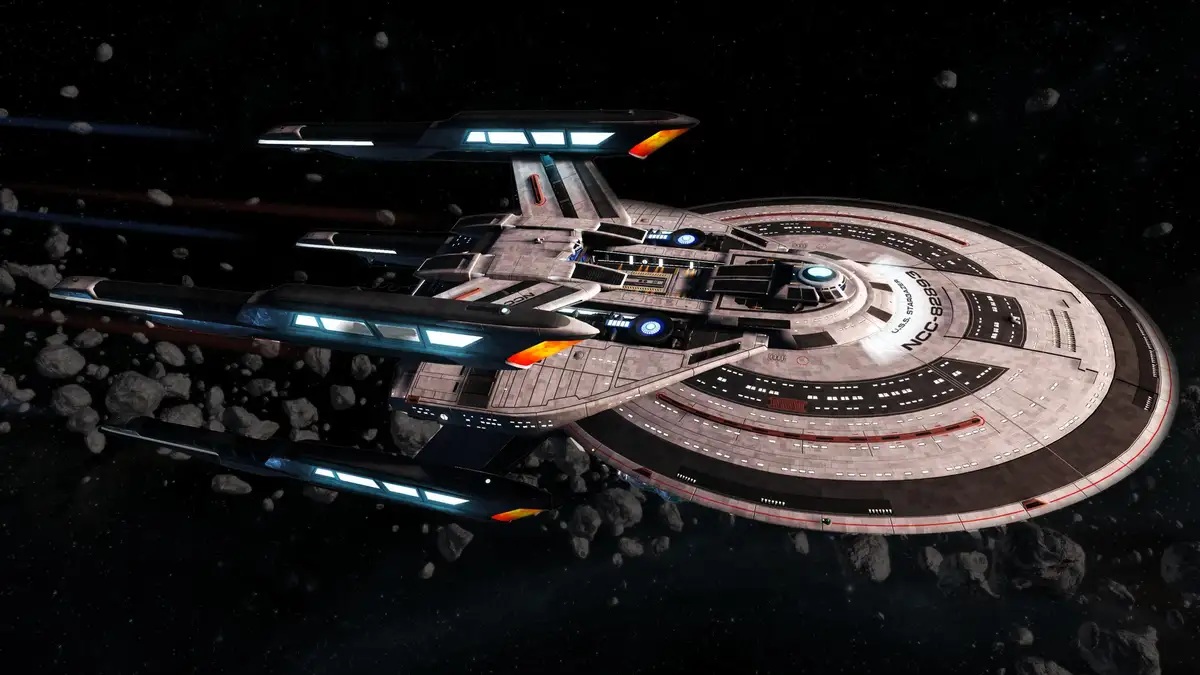 A detailed image of the U.S.S. Stargazer starship from Star Trek, identified by its registry NCC-88992, navigating through a…