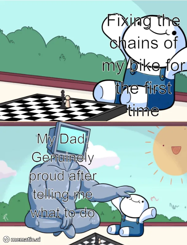 The top panel shows a small white cartoon character in overalls sitting on a chessboard, with text saying 'Fixing the chains…