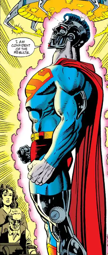 A comic book panel shows a muscular Superman with a robotic, skull-like head and glowing red eyes, standing confidently with…