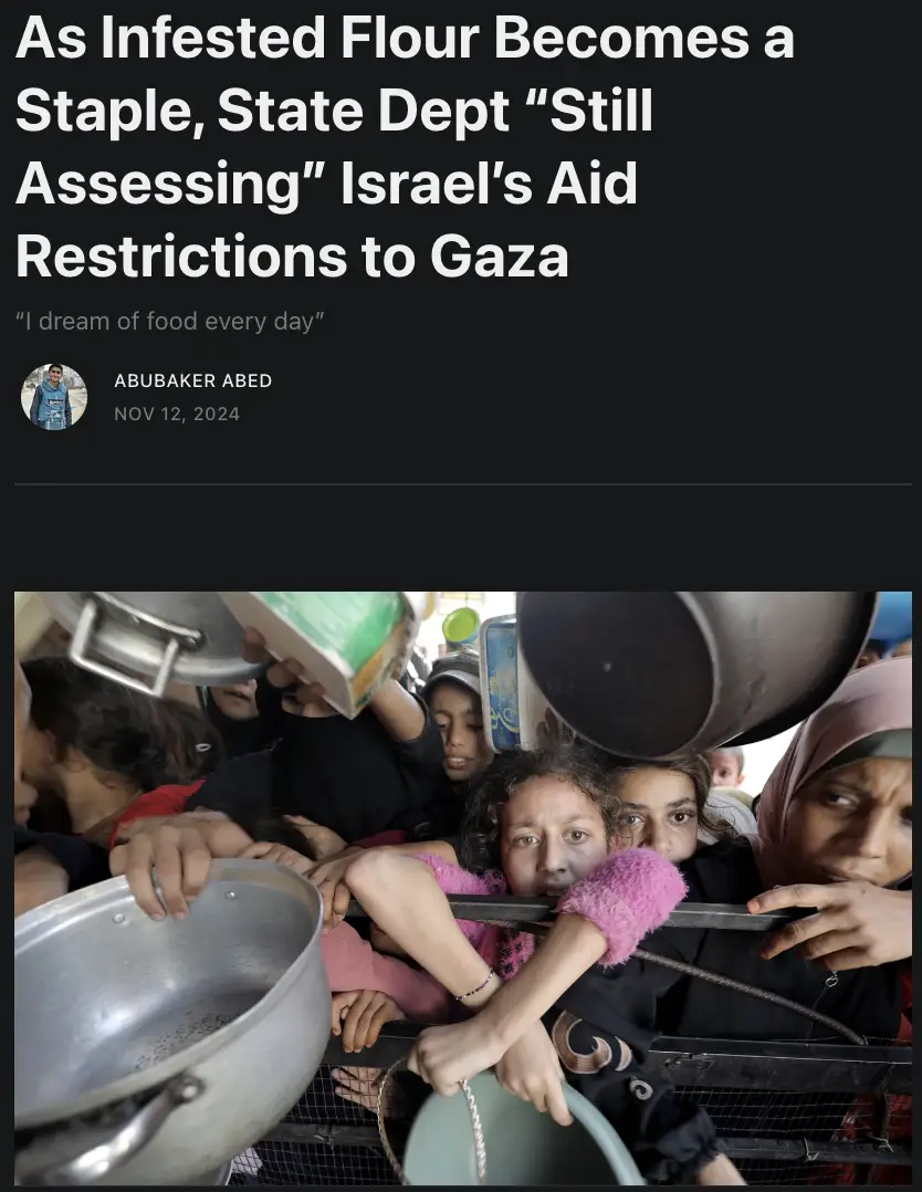 A news article screenshot shows a headline about the U.S. State Department assessing aid restrictions to Gaza amid infested…