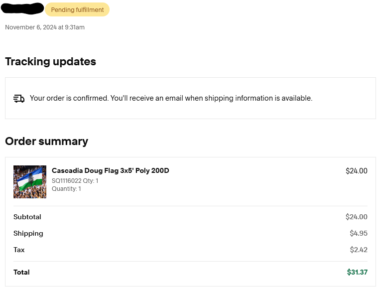 An online order confirmation screen shows a Cascadia Doug Flag priced at $24.00, with shipping and tax bringing the total to…