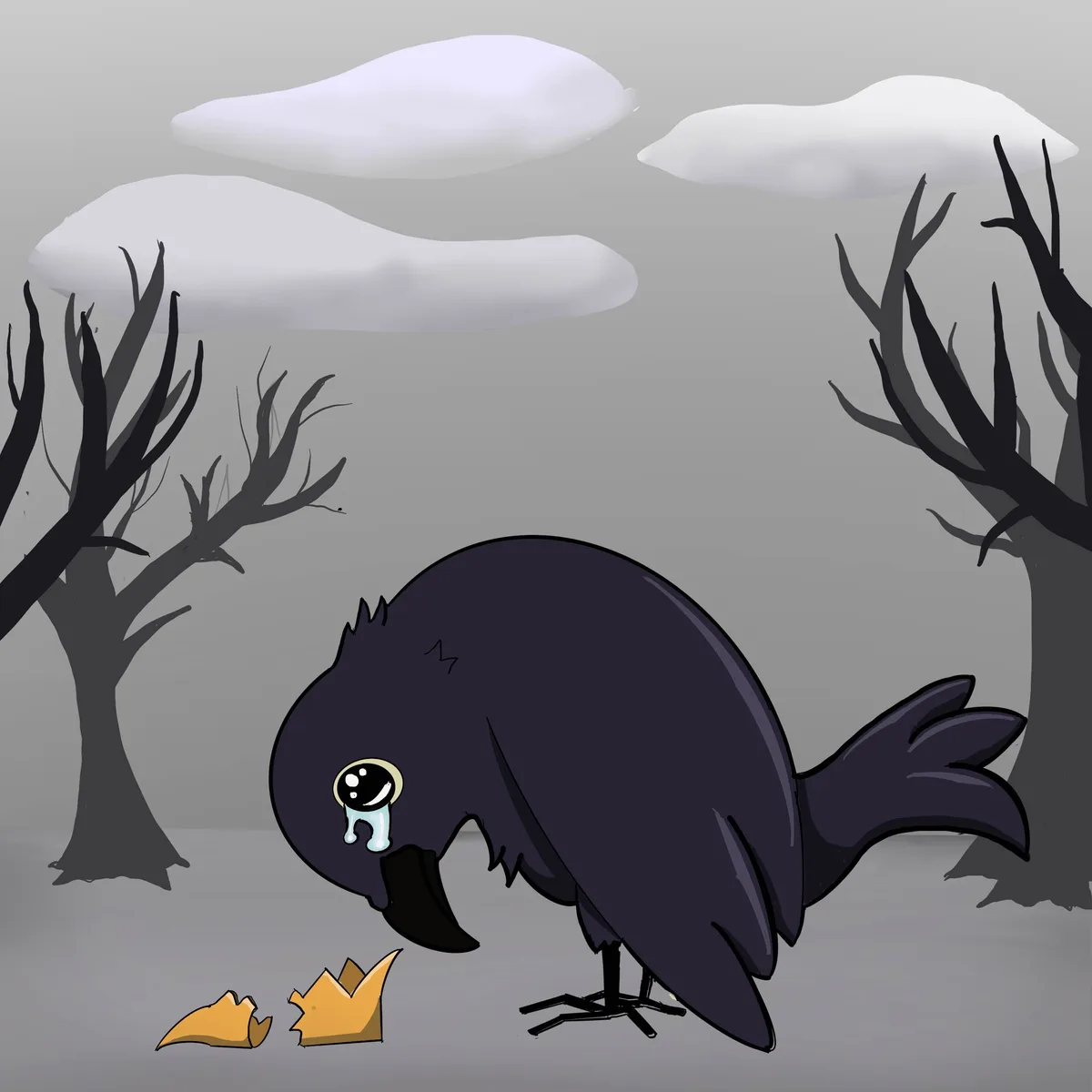 A cartoon black crow with a single large teary eye stands in a bleak, snowy landscape with bare trees, looking down at two…