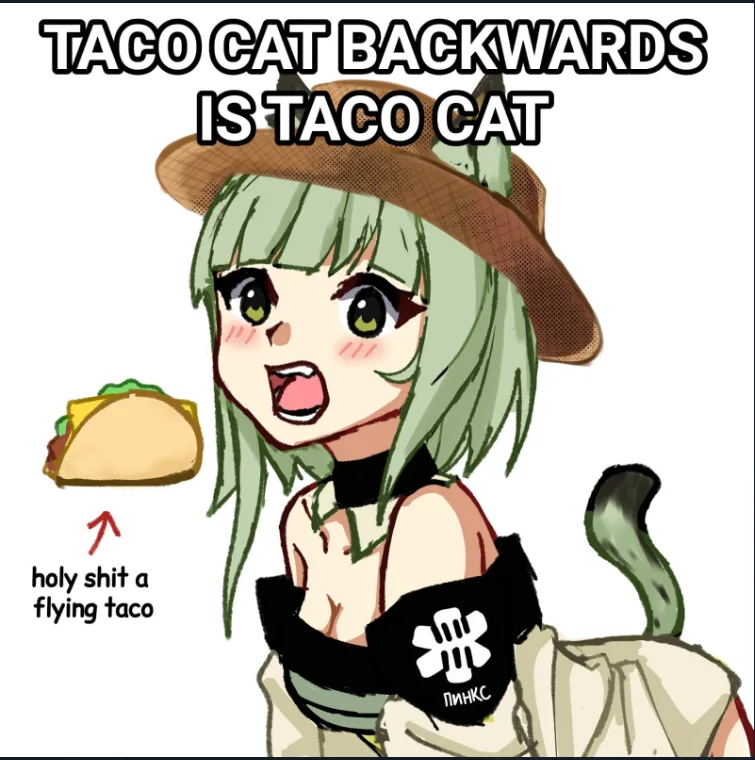 An anime-style girl with green hair and cat ears wearing a hat and arm bands looks shocked as a taco flies toward her. Text…