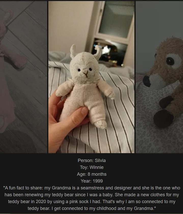 A collage of three images featuring a worn, beige stuffed animal with horns, held in a hand over a striped blanket. Text…