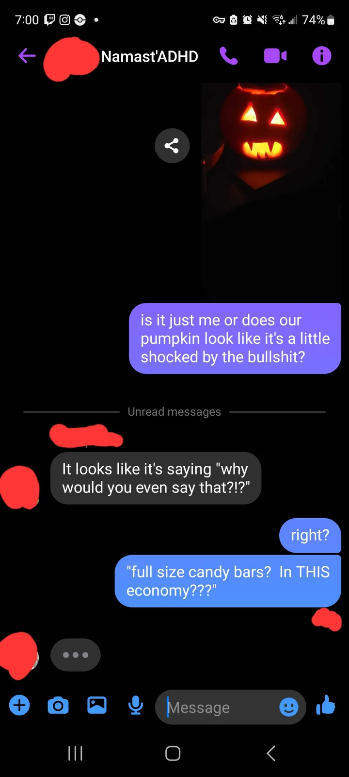A screenshot of a text conversation shows a user sending a photo of a carved jack-o'-lantern with an angry expression. The…