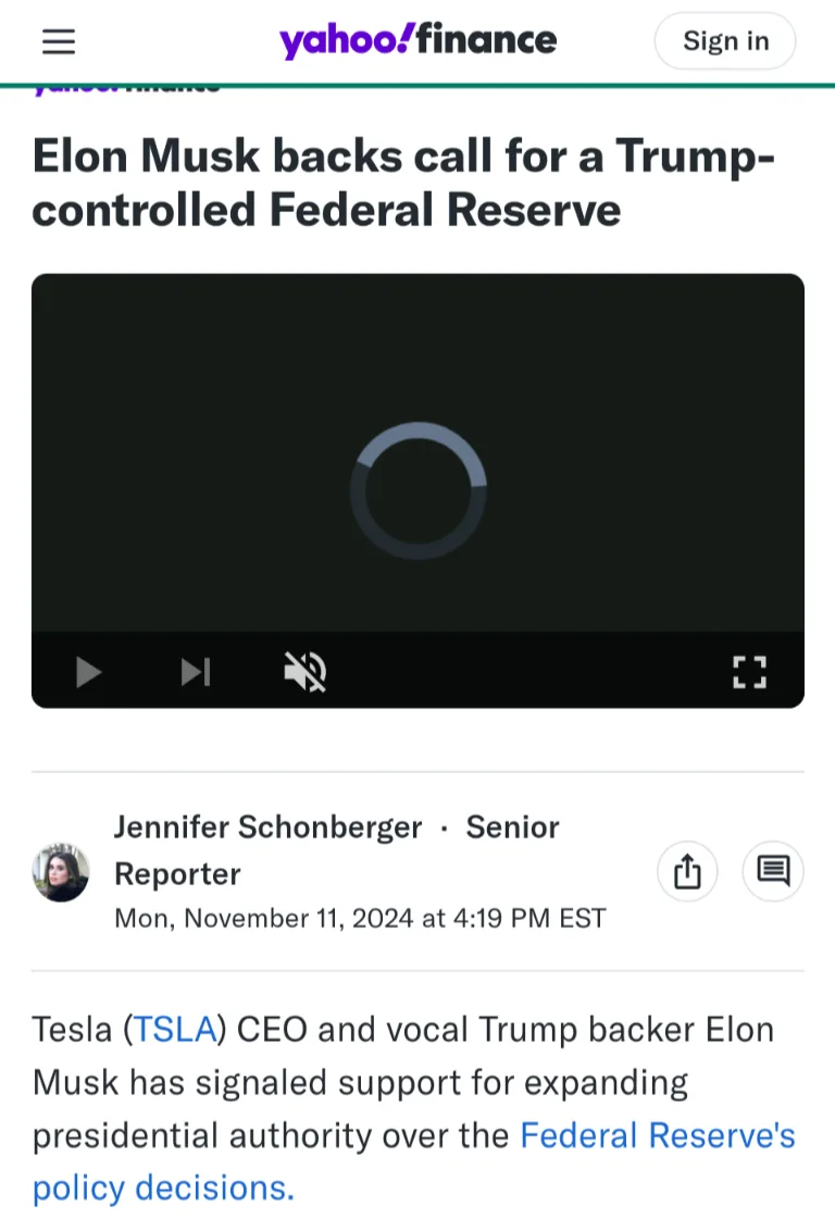 A screenshot of a Yahoo Finance article with a video player showing a loading spinner. The headline reads 'Elon Musk backs…