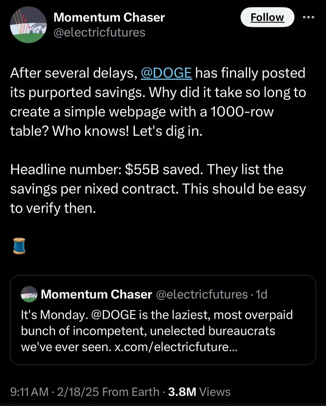 A screenshot of a Twitter thread by 'Momentum Chaser' (@electricfutures) criticizing @DOGE for releasing a $55B savings…