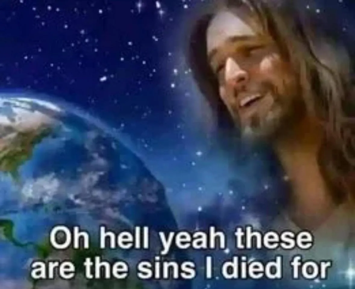 A man with long hair and a beard, resembling Jesus, smiles while looking down at Earth from space, with stars in the…