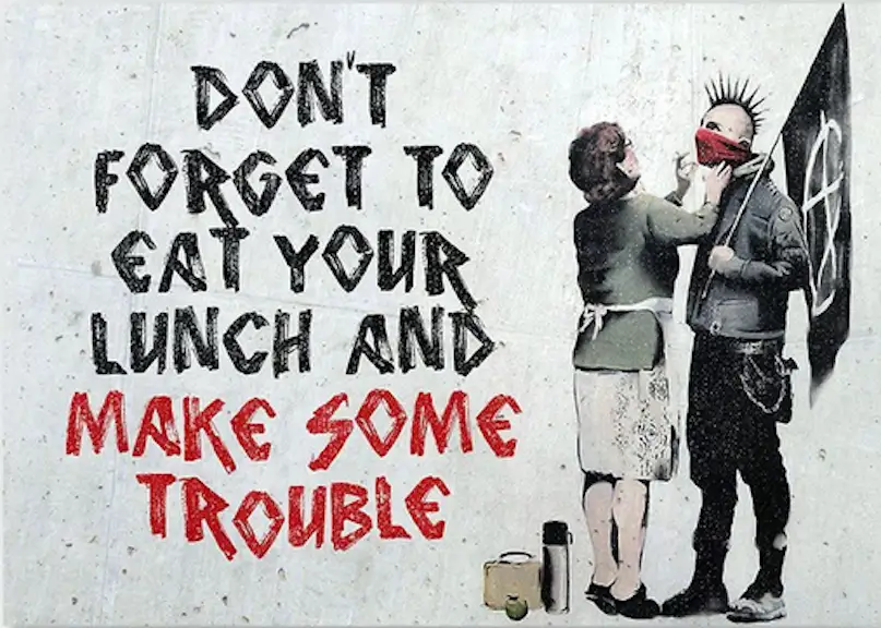 A vintage-style image shows a woman in an apron feeding a sandwich to a punk rocker with a mohawk and red bandana, holding…