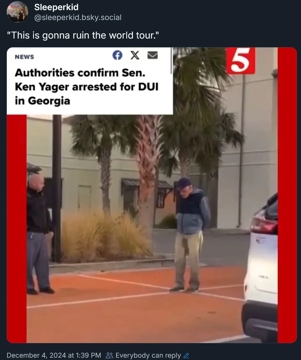 A screenshot of a news report overlaying a video of a man in a parking lot being arrested. The news headline reads…