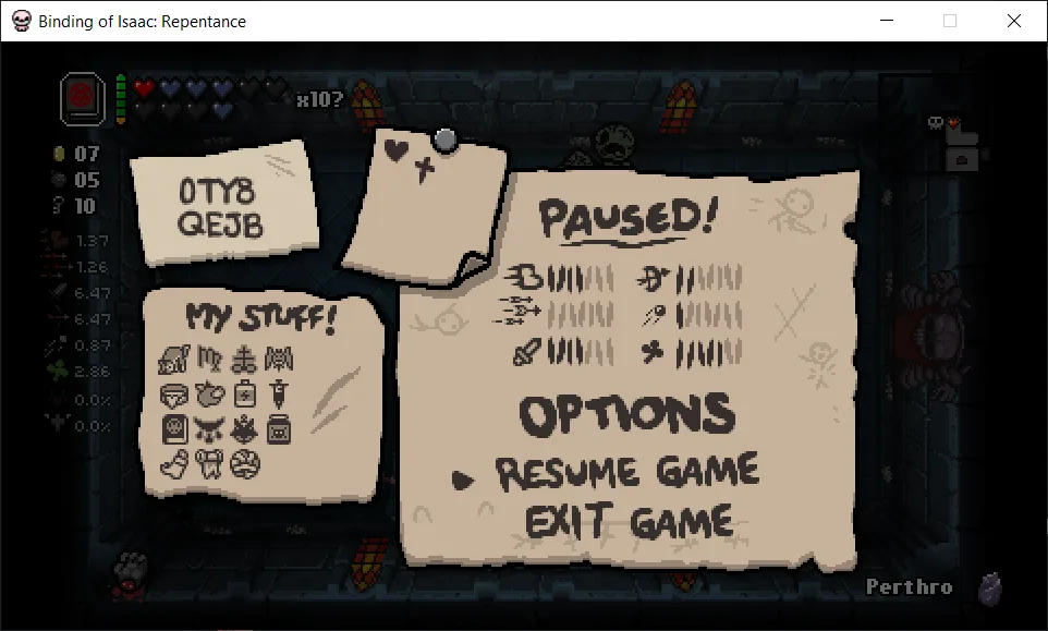 A paused game screen from 'Binding of Isaac: Repentance' shows a menu with 'PAUSED!', 'OPTIONS', 'RESUME GAME', and 'EXIT…