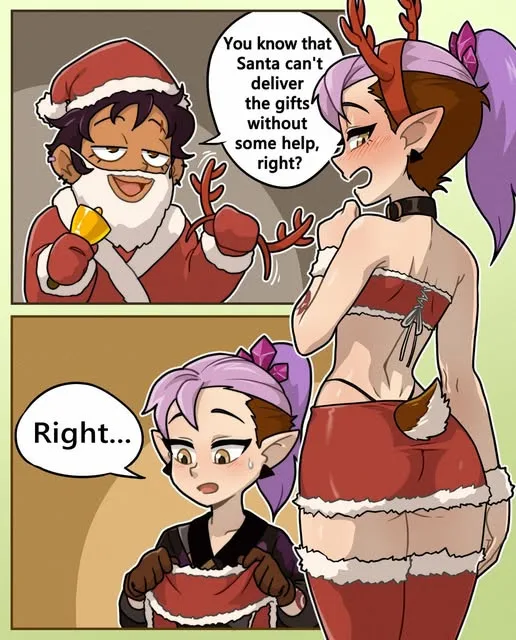 Two-panel comic: top panel shows a tired-looking Santa with antlers and a bell, telling a purple-haired elf in a Santa…