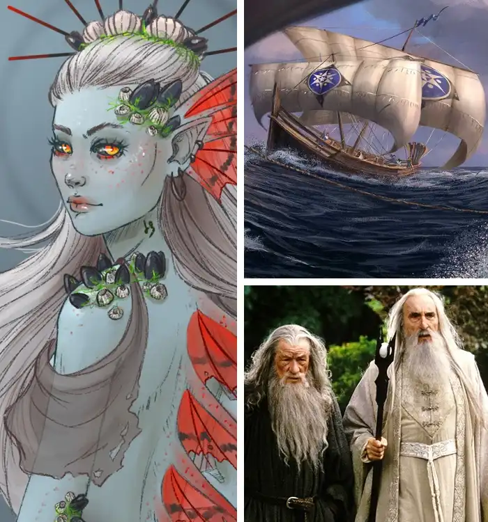 A collage of three images: a fantasy sea witch with pale skin, orange eyes, and mussel-shell adornments; a sailing ship with…