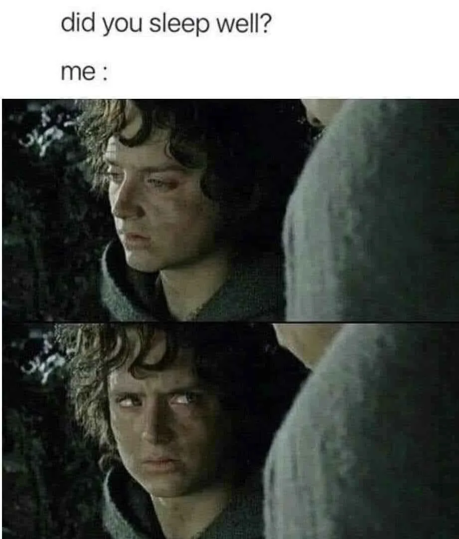 The image shows two panels of Frodo Baggins from 'The Lord of the Rings' movie. In the top panel, he looks tired and…
