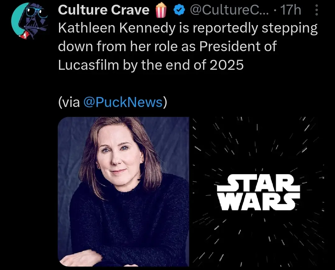 A screenshot of a tweet from 'Culture Crave' reporting that Kathleen Kennedy is stepping down from her role as President of…