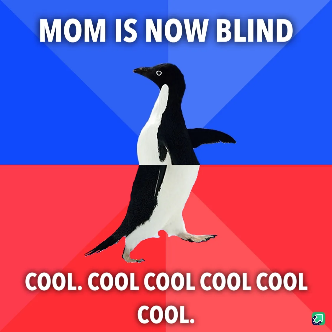 A penguin stands centered against a blue and red background, with the text 'MOM IS NOW BLIND' at the top and 'COOL. COOL…