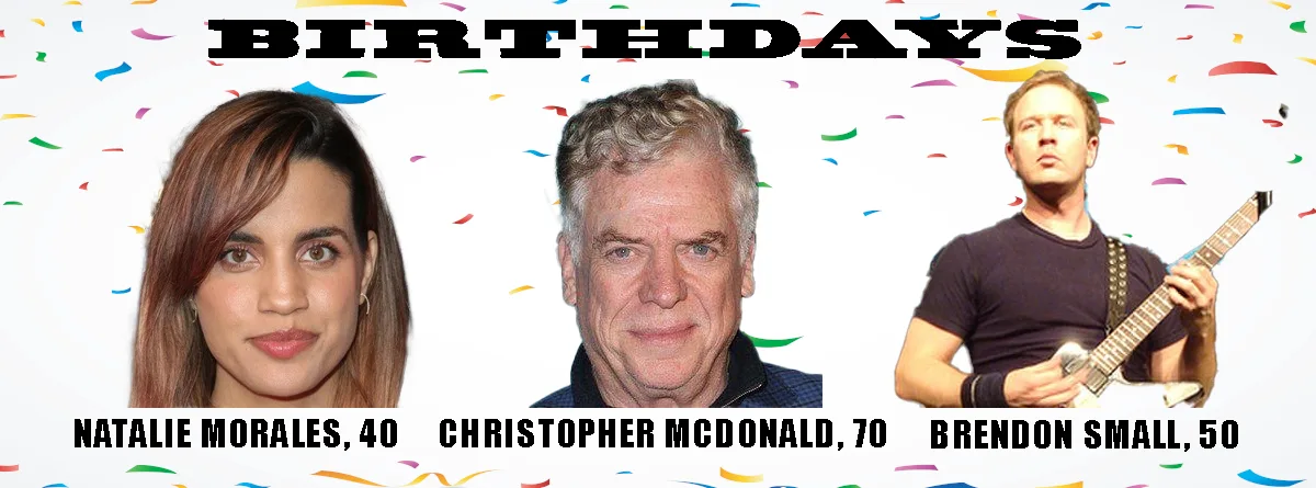 A celebratory image with confetti background and three headshots: Natalie Morales (40), Christopher McDonald (70), and…