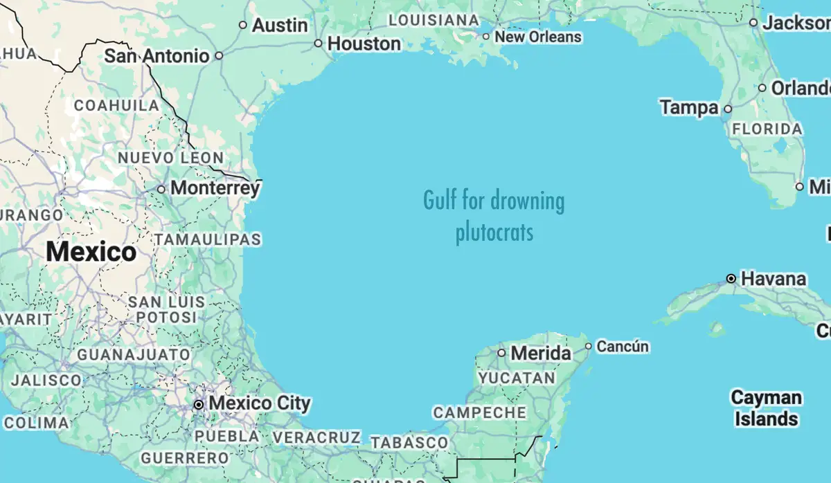 A map of the Gulf of Mexico region showing Mexico, Texas, Florida, and the Caribbean, with the text 'Gulf for drowning…