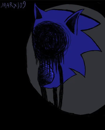 A dark, distorted drawing of Sonic the Hedgehog with a spiraling black eye, melting features, and a menacing expression, set…