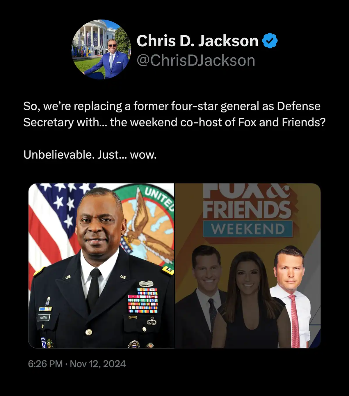 A screenshot of a tweet by Chris D. Jackson shows a side-by-side image: on the left, a photo of a Black man in a U.S…