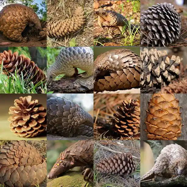 A collage of 12 images alternating between pangolins and pinecones, highlighting their similar scaly, armored, and segmented…